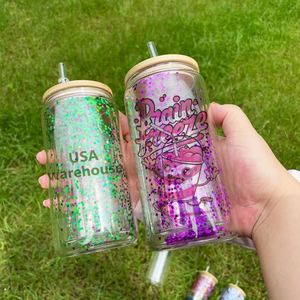 12Oz <b>Double</b> <b>Wall</b> Sublimation 25Pcs/Case Snow Globe Crystal Clear Glass Can for Iced Coffee, Soda With Lids - Product Image 2