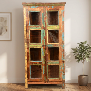 Armoire rustique en bois de récupération avec portes vitrées, meuble autoportant avec portes à volets, design antique, mobilier de chambre - Product Image 1