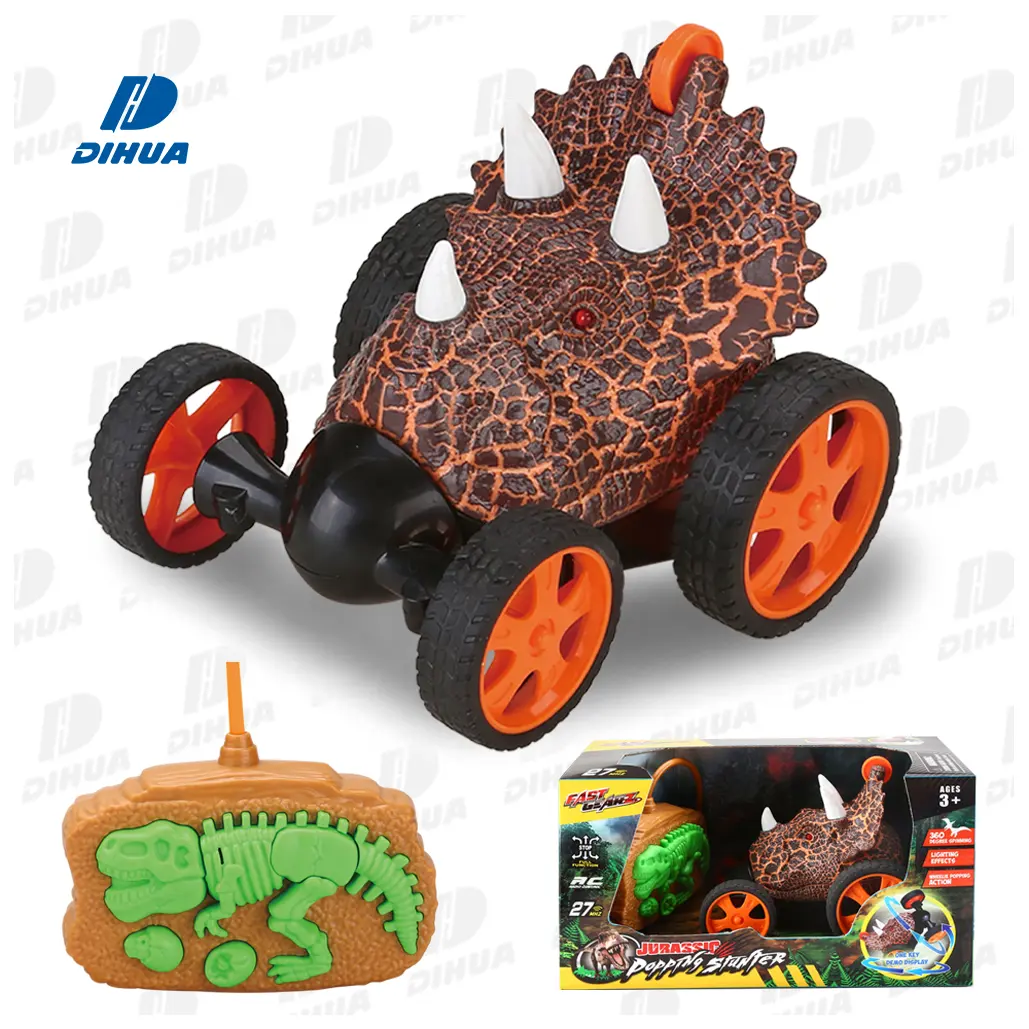 Veículos remotos para crianças 27Mhz RC Triceratops Stunt Car 360 Graus Spinning Cute Kids Twist Car Dinosaur Toy