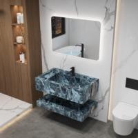 Ensemble de meuble-lavabo de salle de bain moderne personnalisé en pierre frittée blanche à 2 niveaux, avec vasque flottante cannelée gris foncé sans joint, éclairage LED et miroir rétroéclairé