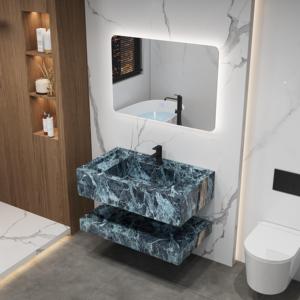 Conjunto de Mueble de Baño Moderno Personalizado con Lavabo Flotante de 2 Niveles en Piedra Sinterizada Blanca, Acabado Gris Oscuro Acanalado, sin Juntas, con Espejo Retroiluminado LED - Product Image 4