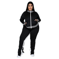 Ensemble de survêtement rayé pour femmes grandes tailles, veste à col zippé intégral, pantalon évasé à rayures blanches sur les côtés, ensemble de jogging sport 2 pièces