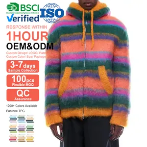 OEM & ODM-suéter de mohair personalizado para hombre, ropa de punto peluda, mezcla de mohair a rayas con capucha, cárdigan de punto personalizado