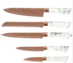 로즈 골드 나이프 세트, 5 조각 날카로운 칼 세트, 스테인레스 스틸 아름다운 흰색 마블링 핸들 레인보우 블레이드 주방 칼