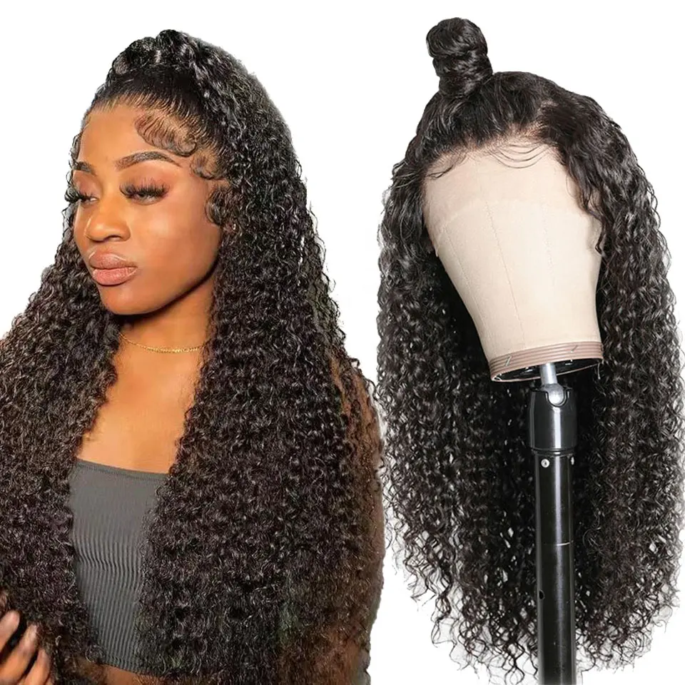 Glueless Brazilian Hair Pre Plucked Bleached Knots Lace Wig Natural Black Deep Curly Wave Human Hair Lace Wigs for Black Women