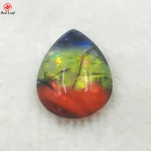 Multi color Synthetic Glass Ammolite Stone Pear Cut Cabochon Flat Back Mystic Gemstone