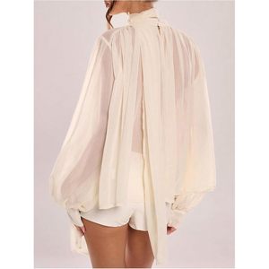 Blusa de Gasa Transparente para Mujer, Cuello Alto, Manga Larga, Manga Abullonada, Top Elegante para Fiesta, Atuendo Casual - Product Image 2