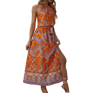 Vestido Maxi Personalizado con Estampado Floral para Otoño/Verano, Estilo Playa, Hombros Descubiertos, Cintura Alta, Holgado, Cómodo, Lavable, Elegante, Casual, con Aberturas - Product Image 2