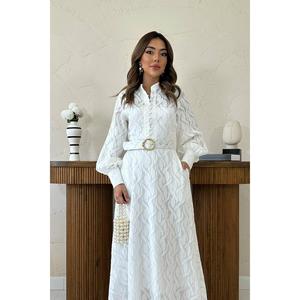 Robe longue élégante en organza blanc, col montant, style vintage, coupe trapèze, avec ceinture, respirante, pour soirée - Product Image 3