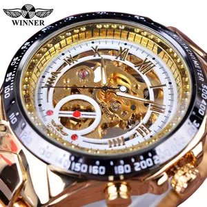 WINNER 432นาฬิกาทองนาฬิกาข้อมือแสดงโครงกระดูกกลอัตโนมัติสีดำย้อนยุคแฟชั่นบุรุษนาฬิกา
