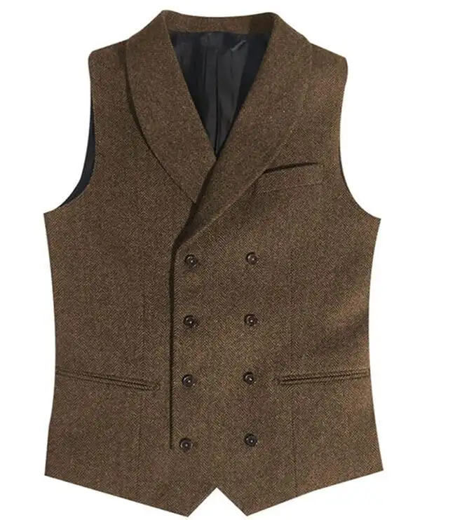 New Style Tweed Men Vest Slim Fit Male Waistcoat Double Breasted Formal Casual Business Mens Vests