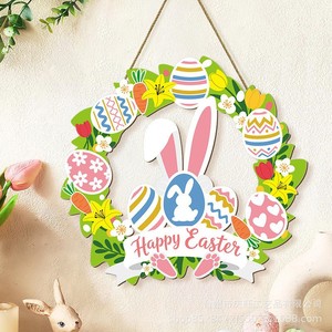 Easter Wooden Wreath Round Rabbit <b>Egg</b> <b>Decoration</b> Door Hanging Home Decor Durable Farmhouse Sign Colorful Spring Party Use - Product Image 3