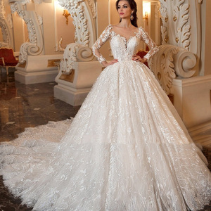 French Court Style Wedding Dress Princess Ball Gown Sweetheart Neckline Long Sleeve <b>White</b> Vintage <b>Lace</b> Dress - Product Image 1