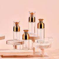 Botol Lotion Kaca Bening Mewah 20ml 30ml dengan Pompa Berlapis Emas untuk Serum Wajah, Esens, Wadah Kosmetik Perjalanan
