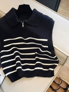 Gilet <span class=keywords><strong>tricot</strong></span>é <span class=keywords><strong>sans</strong></span> <span class=keywords><strong>manches</strong></span> à col montant et demi-zip personnalisé pour <span class=keywords><strong>femme</strong></span>, rayé, amincissant, idéal pour l'été - Product Image 2