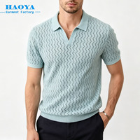 Polo en tricot pour homme, texture ondulée ajourée, manches courtes, col en V, respirant, chemise décontractée d'été