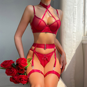 Ensemble de lingerie sexy en maille transparente pour femme, soutien-gorge à armatures, porte-jarretelles et string, 4 pièces, tenue de lingerie intime, vente en gros - Product Image 4