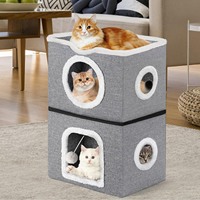 Lit pour chat en velours Oxford uni d'intérieur, type grotte, design à 2 étages, avec tapis à gratter amovible et lavable, et boule moelleuse, cube pour chat
