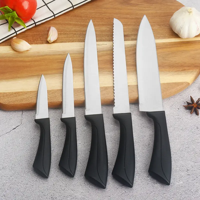 5 buah set pisau dapur dengan baja tahan karat, Set pisau koki jadi Satin dengan pegangan PP, Set pisau memasak mewah