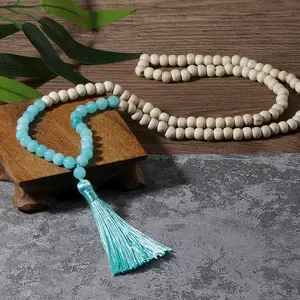 8Kinds Bohemian Style Long Tassel Handmade Yoga Prayer Wooden Beaded Colorful Gemstone Natural Stone Tassel Necklace/Mala Rosary