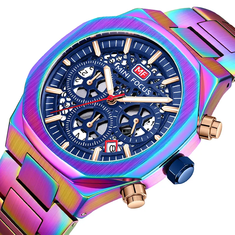 MINI FOCUS MF0411G Relojes Hombre New Arrival Luxury Brand Stainless Steel Bracelet Men Quartz Watch Rainbow Chronograph Watches
