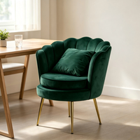 Fauteuil ergonomique moderne en velours vert foncé avec dossier en forme de pétale, chaise d'appoint avec pieds en métal doré pour salon et chambre à coucher