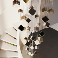 Lustres en verre à double hauteur, design artistique carré doré suspendu, style moderne, pour hall d'entrée de villa de luxe, escalier intérieur