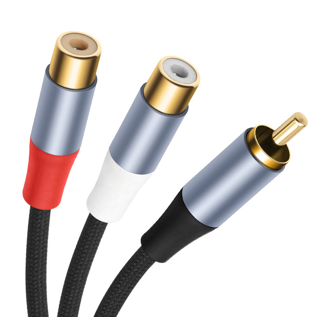 Gold-plated RCA male connector for dual RCA female connectors. split-two-function audio splitter