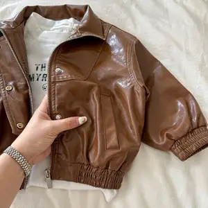 2023 new design unisex infant toddler kids pu leather jacket solid brown coat baby girl boy clothing 066