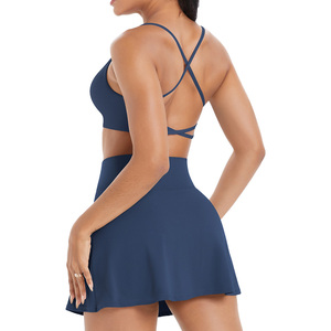 7112+7115 Set Pakaian Tenis Wanita Bernapas, Pakaian Yoga Fitness Dua Potong, Bra Tali Silang, Rok Tenis Skort - Product Image 3