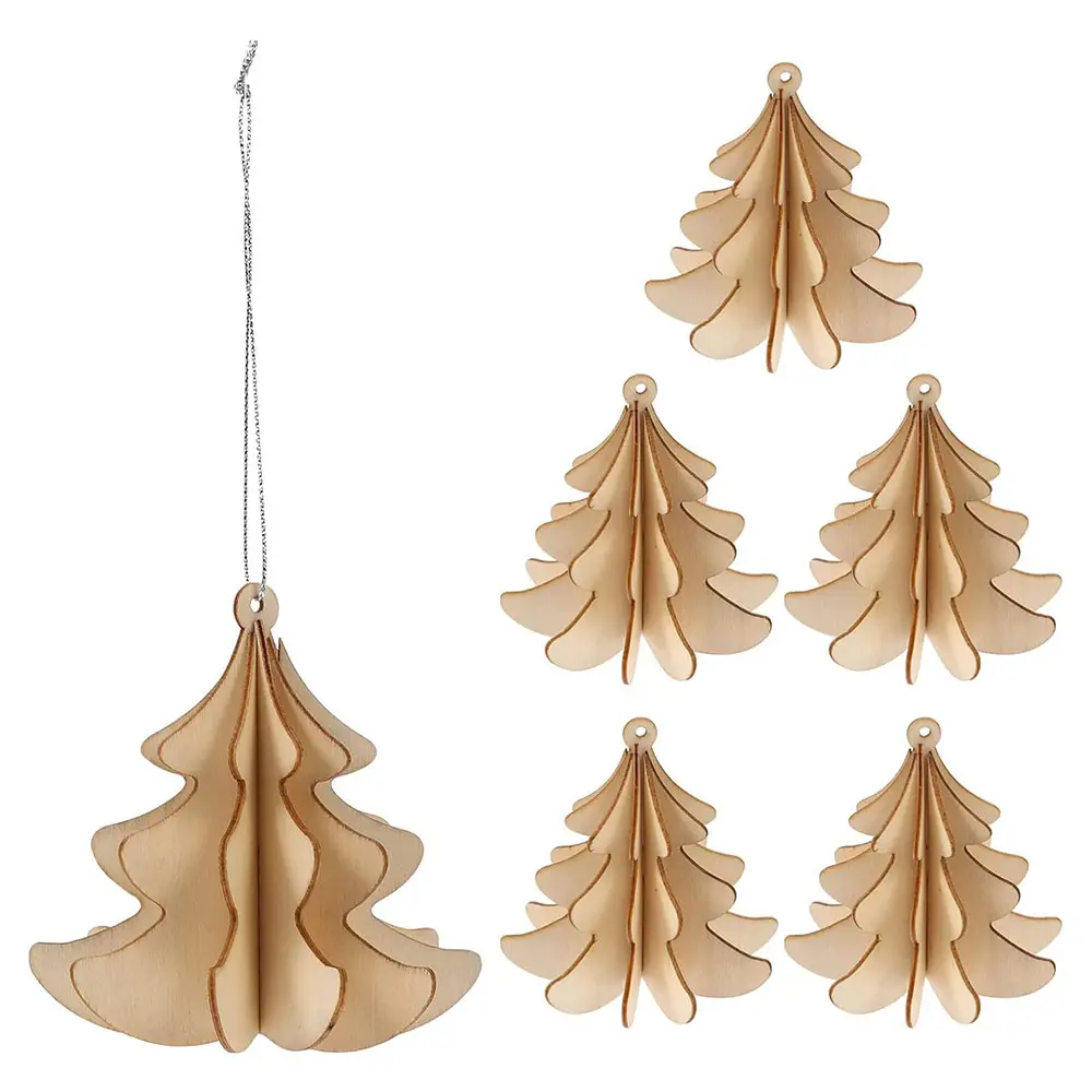 Christmas Wooden Ornaments 3D Xmas Tree Shaped Unfinished Wood Cutouts Christmas Tree Hanging Decor Eco-friendly