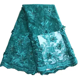Tessuto in Pizzo Francese Africano Verde con Ricamo 3D e Perline, Ecologico, 5 Iarde ML45N06, MOQ per Matrimoni, Disponibile - Product Image 1