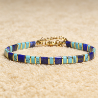 Gelang Wanita Rantai Baja Anti Karat dengan Manik-Manik Persegi Jepang Lapis Lazuli Biru Kobalt Emas Tila yang Indah - Hadiah Terbaik Untuk