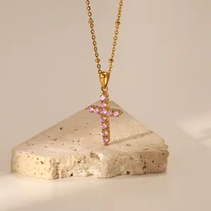 Ciondolo croce zircone rosa con ciondolo a catena con perline dorate collana in acciaio inossidabile placcato oro 18 carati per donna
