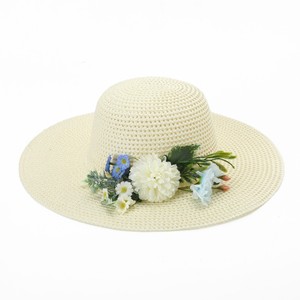 Chapeau de soleil à visière rayée en papier pour femme, style pêcheur, avec nœud fleuri français, cadeau Fête des Mères, pour tête de 56-58 cm - Product Image 1