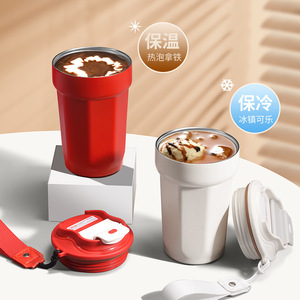 Octagonal Stainless Steel Coffee <b>Mug</b> 480ml Double Layer <b>Insulated</b> Portable Travel Cup With Strap - Product Image 1