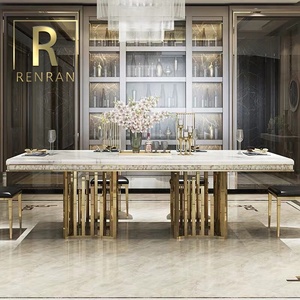 Mesa de comedor <span class=keywords><strong>rectangular</strong></span> de mármol blanco, base de metal dorado, exclusivo, de lujo, para sala de estar, Dubái, Arabia - Product Image 2