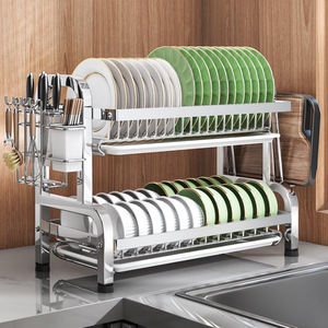 Bulk Order Discount Wholesale Heavy Duty <b>Kitchen</b> Stainless Steel Standing Double Bowl Dish <b>Storage</b> <b>Rack</b> Drain Tray Drying - Product Image 3