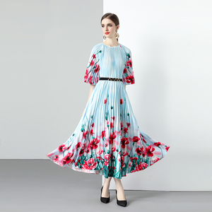 Boutique 2024 colección de otoño nuevo vestido bohemio de moda cuello impreso arte falda grande cien pliegues decoración fruncida - Product Image 1