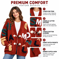 Damen Herbst Casual Einreihiger Terylene Strick-Cardigan mit Logo vorne, V-Ausschnitt, Hornknöpfen, lockerer Passform, knitterarm