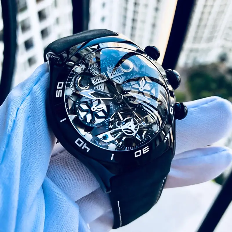 Reef Tijger/Rt Sport Horloge Voor Mannen Skelet Lichtgevende Horloge Jaar Maand Datum Dag Automatische Horloges RGA703