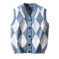 Gilet cardigan tricoté personnalisé pour homme, col en V, 12GG, anti-rétrécissement, jacquard, motif losanges, patchwork, boutonné, sans manches, pull d'hiver