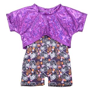 도매 사용자 정의 할로윈 데이 승화 세트 베이비 롬퍼와 퍼플 가죽 소재 반팔 탑 세트 - Product Image 3