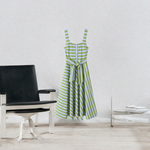 Robe midi tissée rayée verte et blanche à bretelles spaghetti, coupe trapèze, avec lien à nouer, décontractée, pour femme, idéale pour l'été - Product Image 3