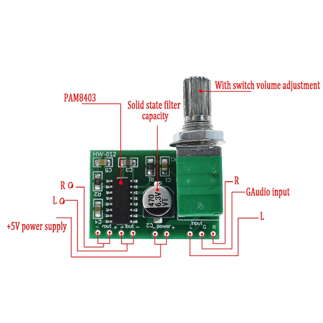 PAM8403 Mini 5V DC Power Audio Amplifier Board 2 Channel 3W W Volume Control USB Potentiometer with Switch