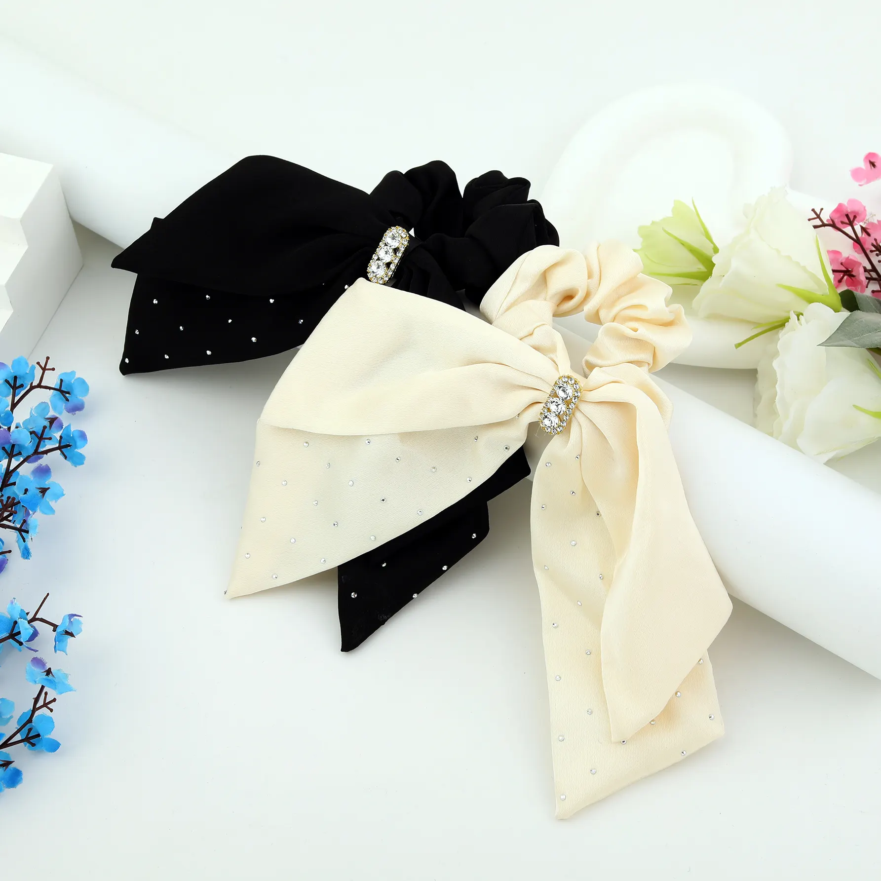 Bowknot satin scrunchy tóc quan hệ vải căng đàn hồi tóc ban nhạc vải phụ nữ thanh lịch pha lê đuôi ngựa chủ tóc phụ kiện