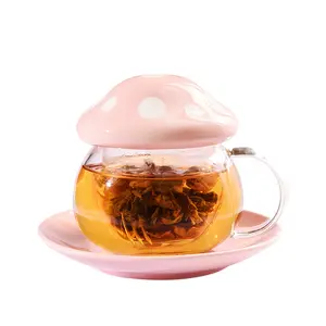 Solhui硼硅玻璃茶杯配浸器陶瓷蘑菇盖下午茶杯带杯垫