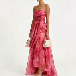 Strapless Blue Floral Print Evening Dress Empire Waist Long Gown Translucent Full <b>Swing</b> Style - Product Image 3