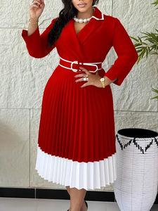 Fashion Winter Dress Women's Casual Elegant Color <b>Matching</b> <b>Long</b> Sleeve V-neck A- line Pleated Office Women Dress with Belt - Product Image 2