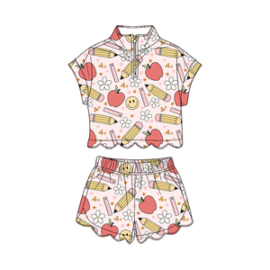 Conjunto de ropa para niñas pequeñas GSSO3581 personalizado, con lazo, estampado de flores, manga corta, cuello festoneado, con cremallera, venta al por mayor - Product Image 4